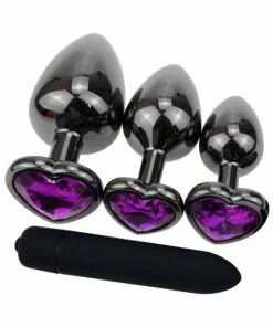 Wholesale ✔️ Sex Toy Kits 3Pc Gun Metal & Purple Jeweled Butt Plug Set With Bullet Vibe 🌟