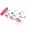 Outlet 🎉 Best Couples Sex Toys 3Pc Glass & Pink Jeweled Butt Plug Set With Bullet Vibe 🎉
